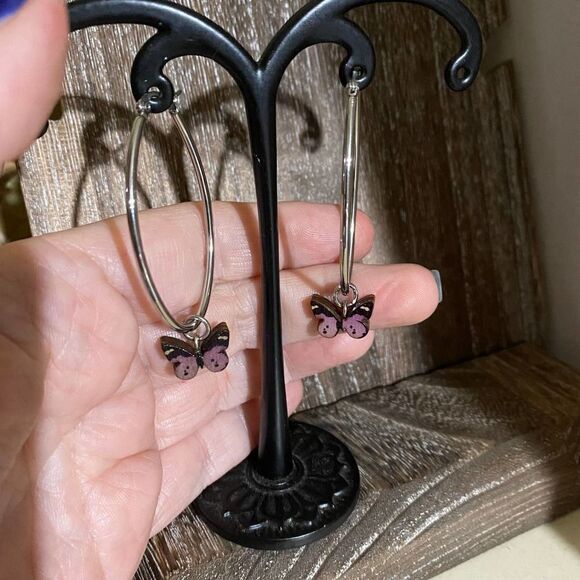 Stainless Steel Wooden Butterfly Hoop Earrings - Picture 3 of 3